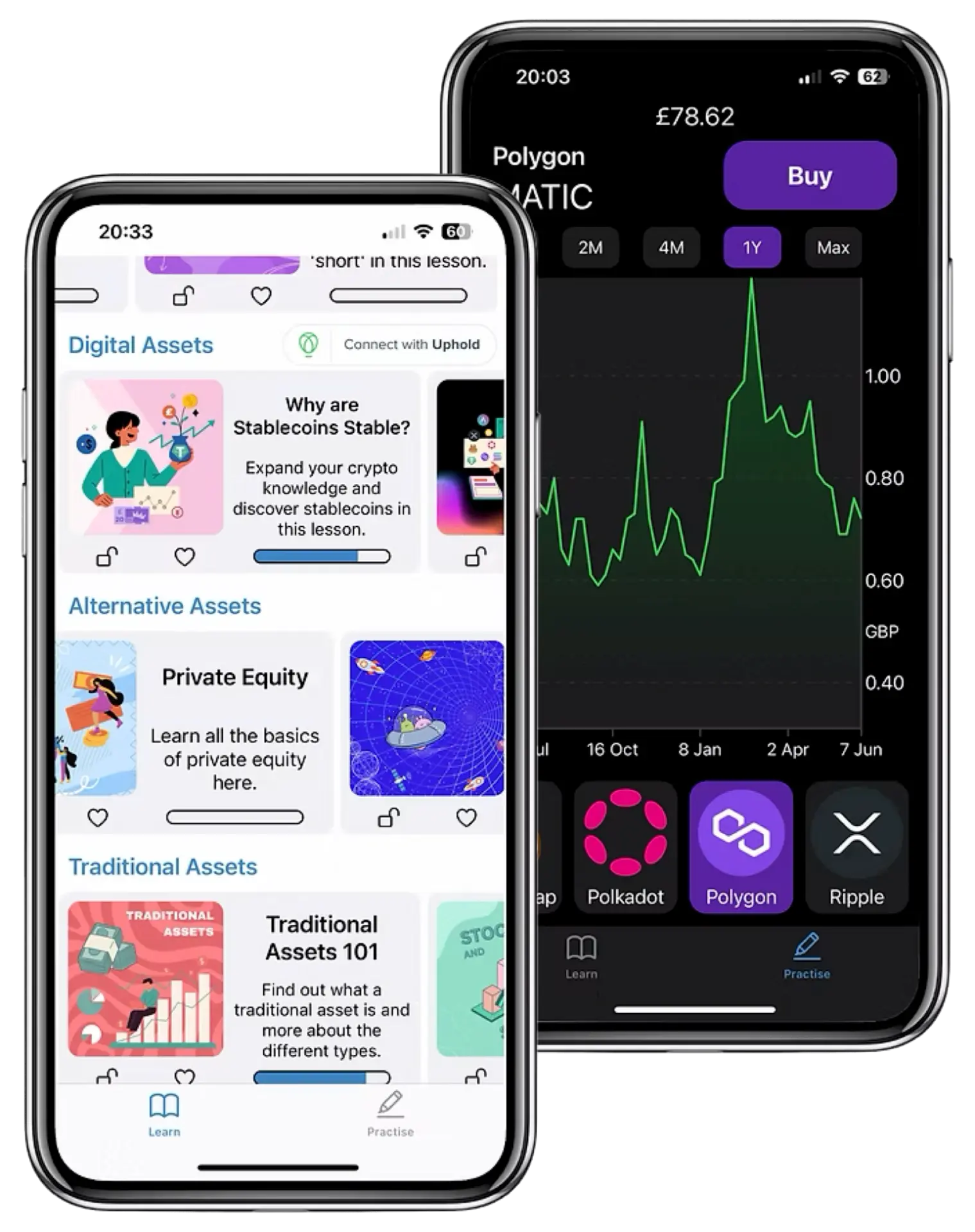 The Pluto app - learn screens and a practise chart side by side